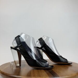 Womens Costume International Black Leather Metallic Heel Slingback Pumps Size 37